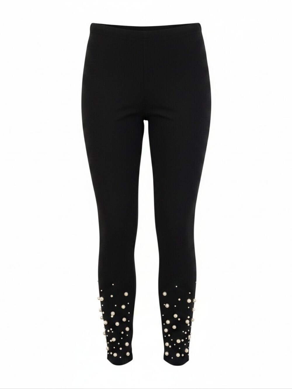 Athena Marie -Ladies Petite Black Pants,Faux Pearl Leg Embellishment,Lined Waist